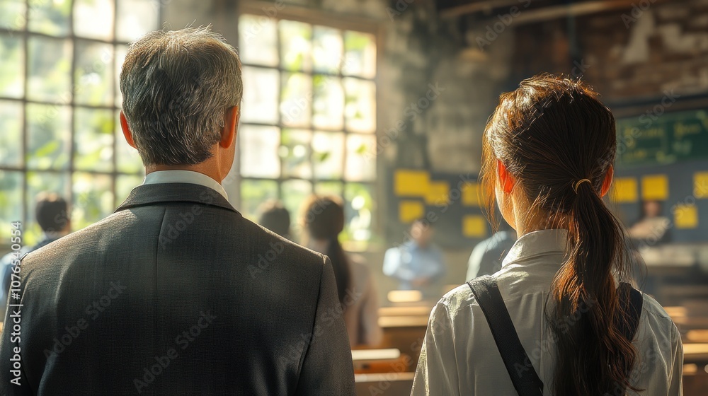 Two individuals observing a gathering in a bright, rustic space. Two individuals observing a gathering in a bright, rustic space.