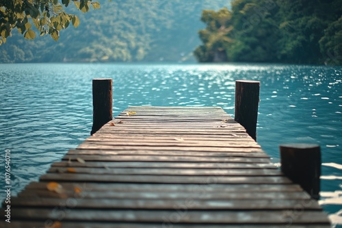 A wooden pier stretching out over calm water, perfect for a peaceful scene or as a background