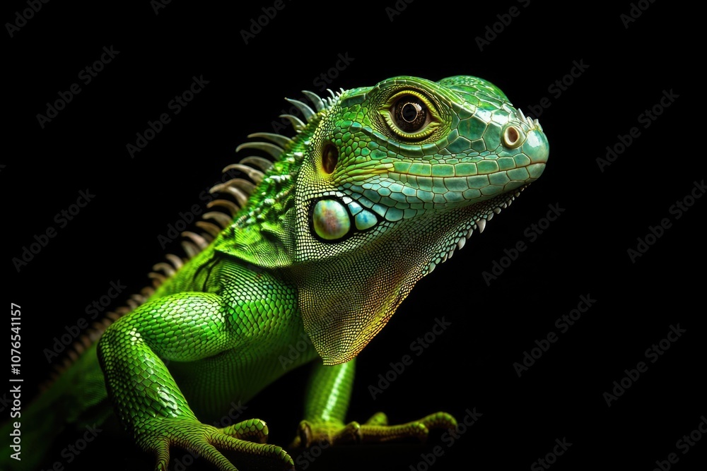 A green iguana isolated on a dark background. A green iguana isolated on a dark background.