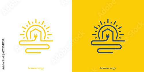 Home Sun Logo Design. Sun, Home and Electicity Symbol with Lineart Outline Style. Renewable Energy Solar Power Logo, Icon, Symbol, Vector, Design Inspiration.	