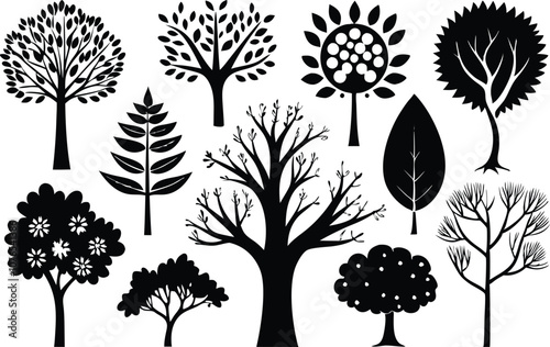 Collection of Minimalist Hand-Drawn Tree Silhouettes, Graphic Elements for Architecture & Landscape Design.