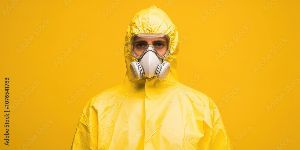 A person in a yellow hazmat suit and mask against a bright yellow background. A person in a yellow hazmat suit and mask against a bright yellow background.