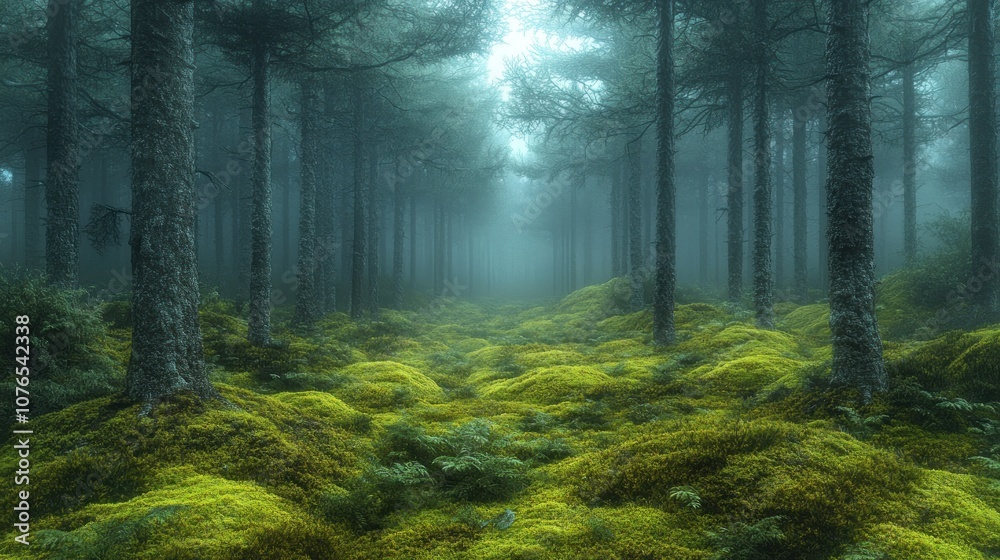 Misty forest scene with lush moss and towering trees. Misty forest scene with lush moss and towering trees.