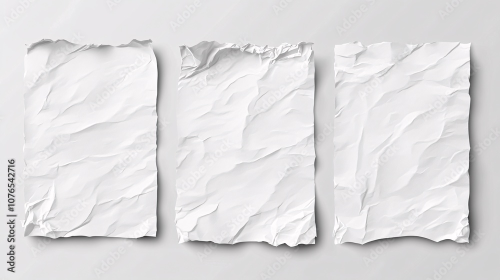Set of realistic vector illustrations of crumpled and wrinkled white paper mockups Includes creased blank vertical sheets and empty Set of realistic vector illustrations of crumpled and wrinkled white paper mockups Includes creased blank vertical sheets and empty