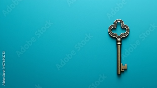 Vintage metal key on blue background symbolizing access and success photo