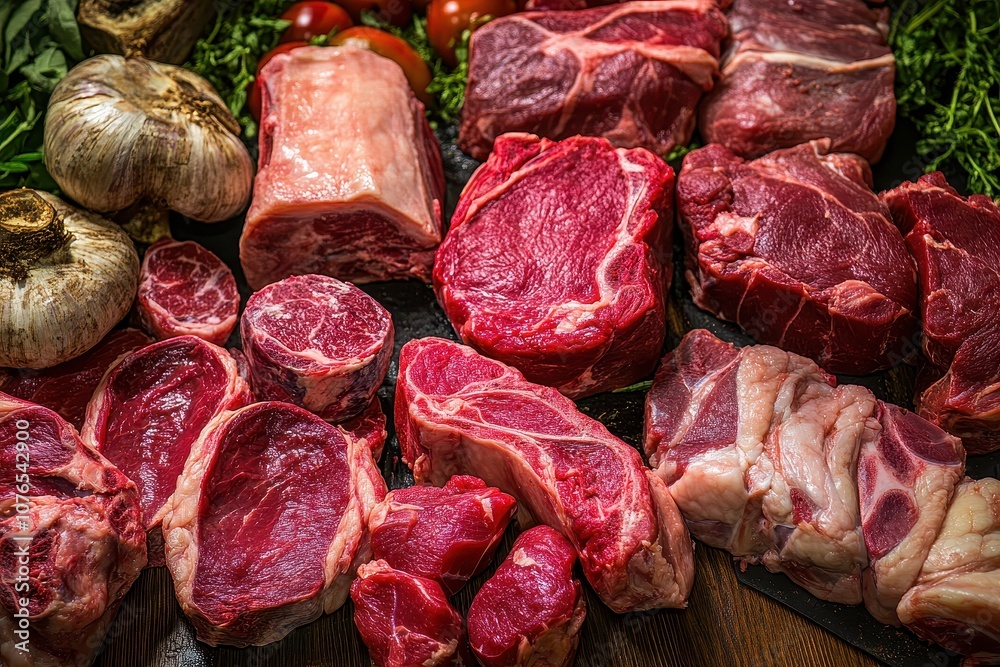 Raw Meat and Garlic on a Black Surface Raw Meat and Garlic on a Black Surface