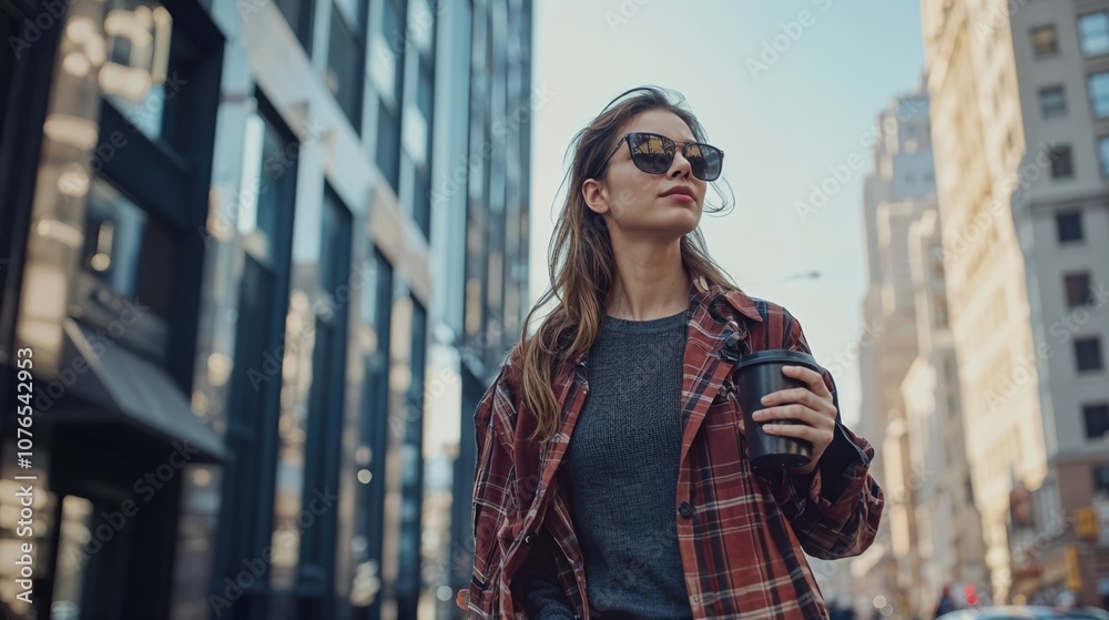 Fototapeta premium Stylish woman enjoys coffee while strolling through urban streets in trendy outfit