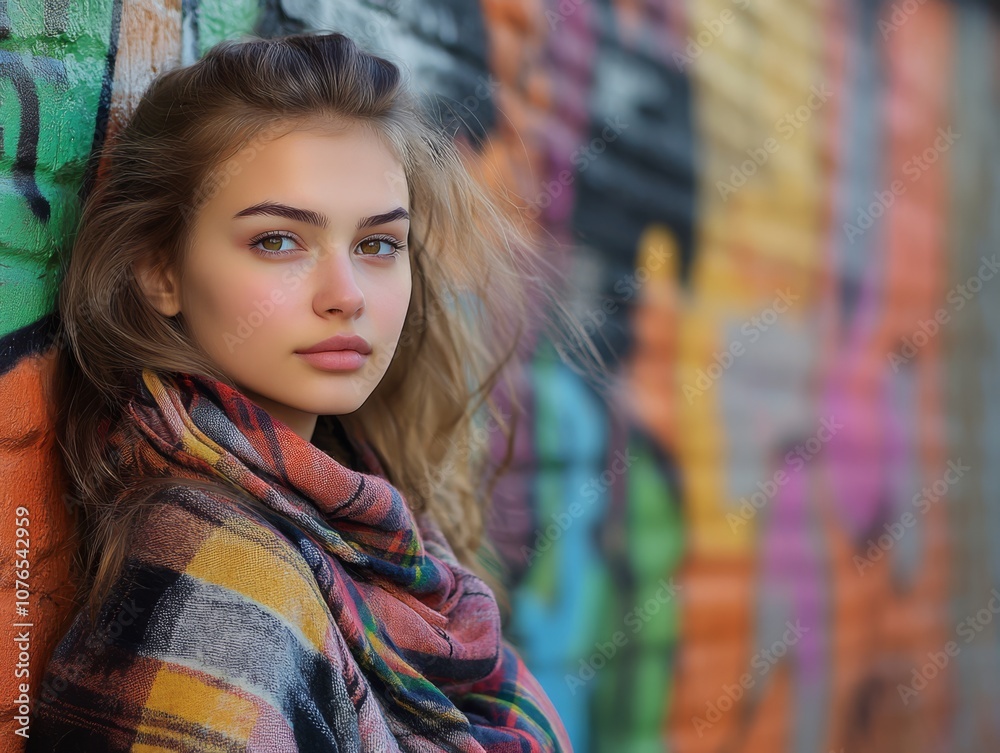 Young Model Posing Against Colorful Graffiti Background Young Model Posing Against Colorful Graffiti Background
