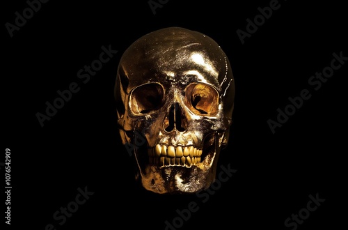 Golden human skull shining on black background