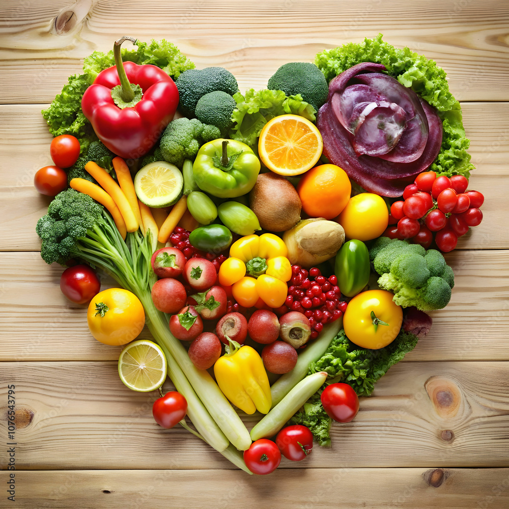 A heart composed of vibrant fruits and vegetables, symbolizing love for healthy living. A heart composed of vibrant fruits and vegetables, symbolizing love for healthy living.