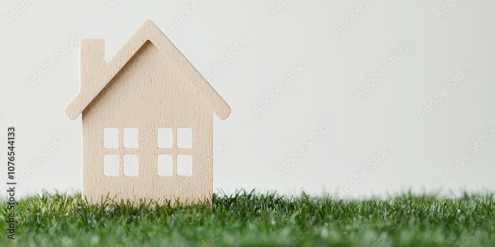 A small wooden house model on green grass against a light background. A small wooden house model on green grass against a light background.