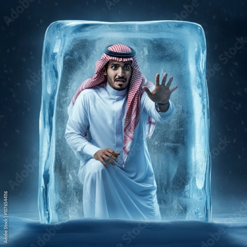 A Saudi man in a white thobe and red shemagh trapped inside a giant ice cube, pressing his hands against the frozen walls, symbolizing isolation and struggle. photo