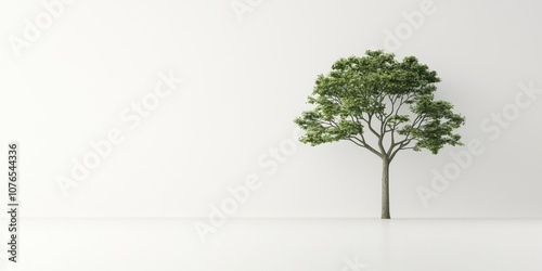 A solitary green tree stands against a minimalist white background, symbolizing tranquility.