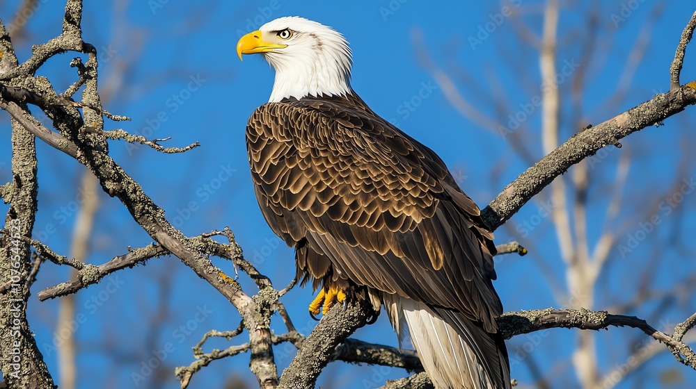 A bald eagle perched on a branch, looking out into the distance. A bald eagle perched on a branch, looking out into the distance.