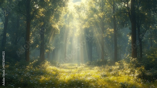 Serene forest with sunlight filtering through trees and flowers.