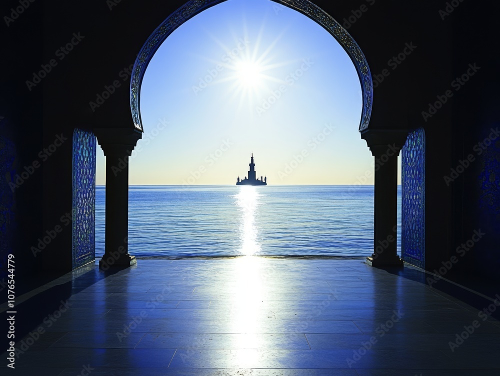 Fototapeta premium Serene Silhouette of Mosque Against Tranquil Sea