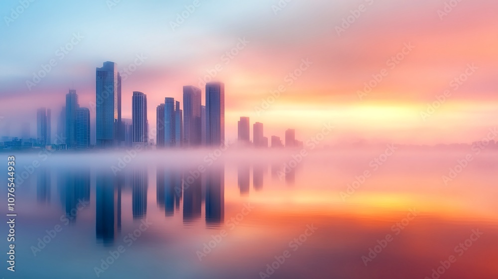 Urban Skyline Reflected in Misty Waters at Vibrant Sunrise or Sunset Urban Skyline Reflected in Misty Waters at Vibrant Sunrise or Sunset