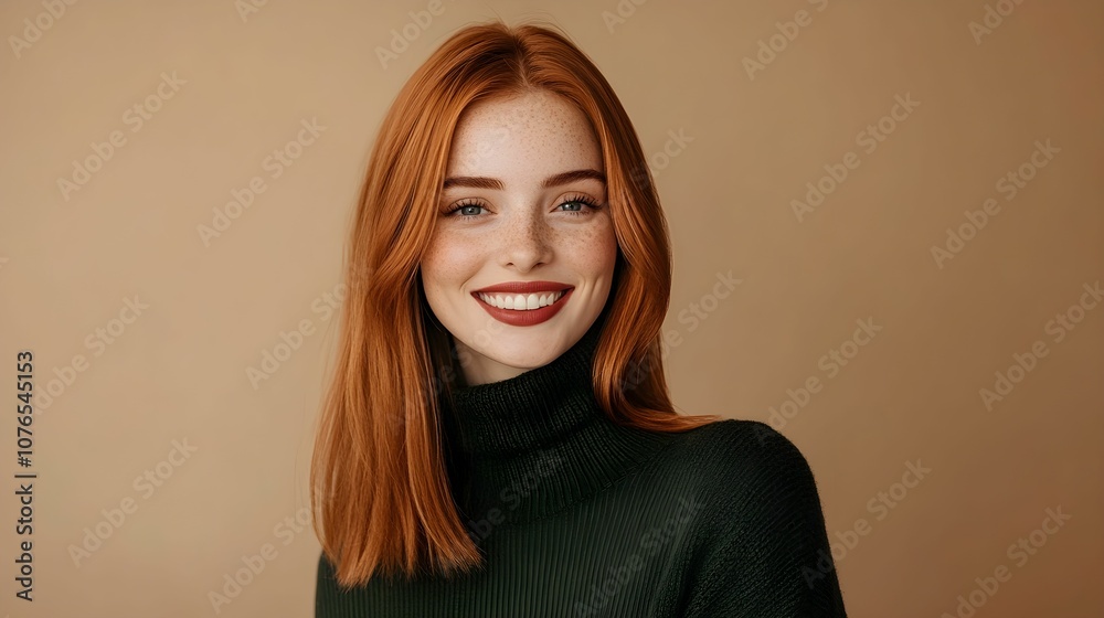 Obraz premium portret kobiety, świąteczny portret, kobieta europejska, rude włosy, głęboki zielony sweter, subtelny uśmiech, minimalistyczne tło, beżowe tło, świąteczne kolory, naturalny makijaż, czerwone usta, świ