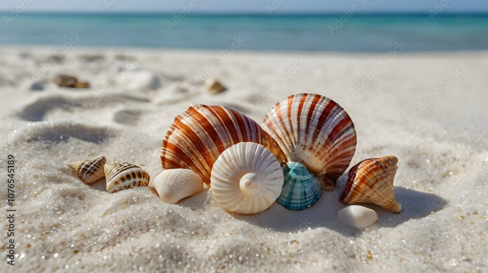 Variety of colorful seashells on fine white sand Variety of colorful seashells on fine white sand