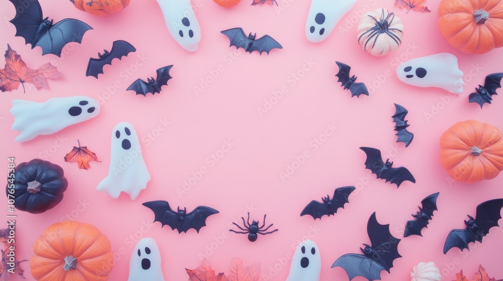 Fototapeta premium Spooky Halloween Decorations on Pink Background