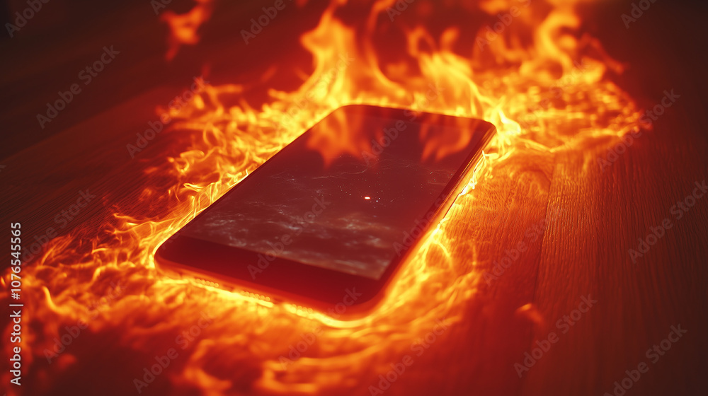 Fototapeta premium Realistic smartphone screen mockup on a wooden table, Smartphone on fire with flames on wooden surface