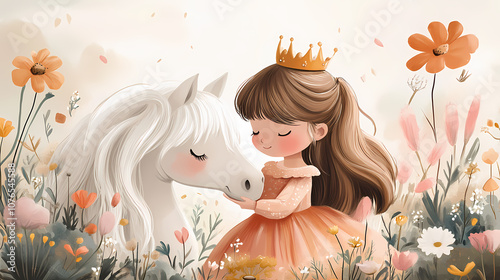 little princess with a crown, cute pony, storybook illustration