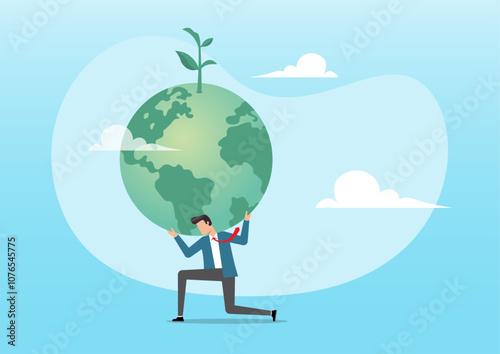 businessman in atlas pose carrying green globe with seedling plant on his shoulder.