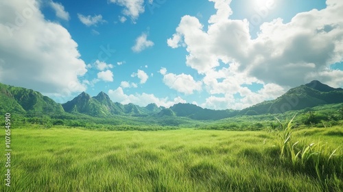 Vibrant Landscape with Green Fields and Blue Sky