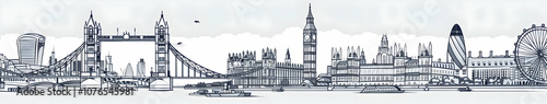 Line art of the London skyline, featuring the Tower Bridge