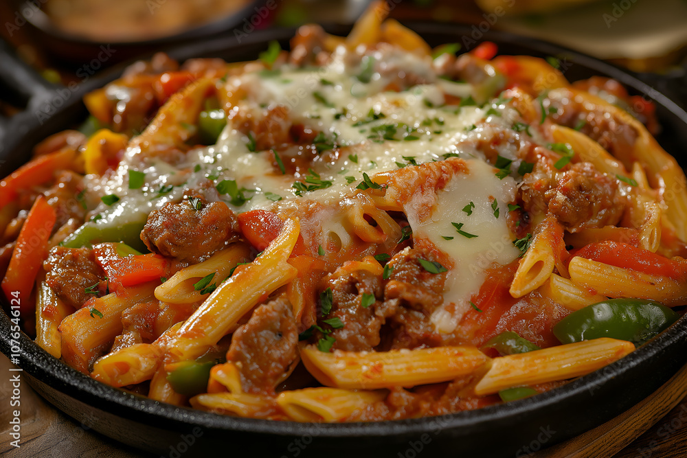 A Skillet of Spicy Sausage and Pepper Pasta with Mozzarella Melted Over Penne, Mixed with Sautéed Red and Green Bell Peppers, and Garnished with Fresh Parsley, Food Photography, Food Menu Photo Image A Skillet of Spicy Sausage and Pepper Pasta with Mozzarella Melted Over Penne, Mixed with Sautéed Red and Green Bell Peppers, and Garnished with Fresh Parsley, Food Photography, Food Menu Photo Image