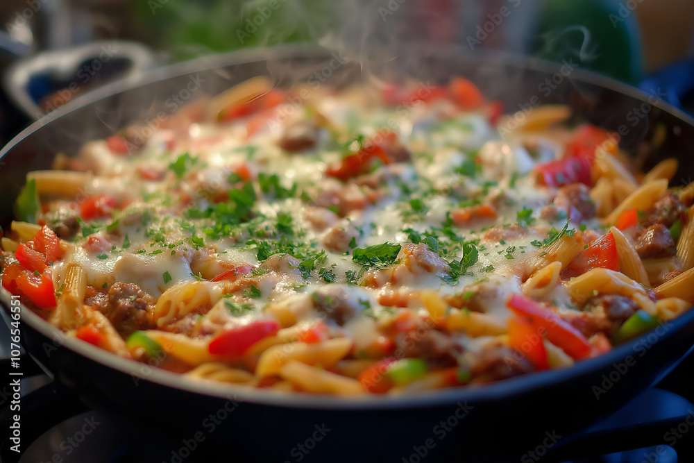 A Skillet of Spicy Sausage and Pepper Pasta with Mozzarella Melted Over Penne, Mixed with Sautéed Red and Green Bell Peppers, and Garnished with Fresh Parsley, Food Photography, Food Menu Photo Image A Skillet of Spicy Sausage and Pepper Pasta with Mozzarella Melted Over Penne, Mixed with Sautéed Red and Green Bell Peppers, and Garnished with Fresh Parsley, Food Photography, Food Menu Photo Image
