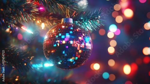 Colorful Disco Ball Ornament on Christmas Tree