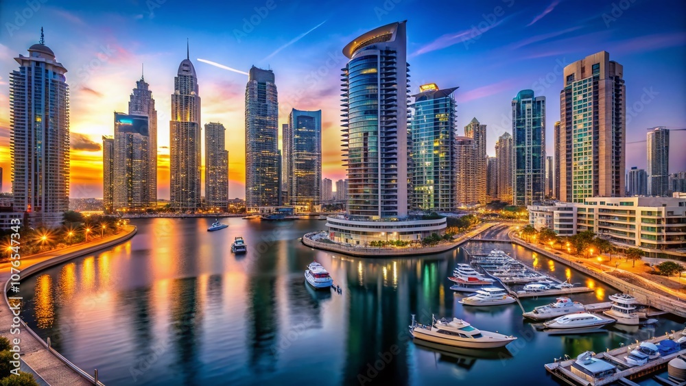 Fototapeta premium Stunning Panorama of Dubai Marina at Dusk with Skyscrapers Illuminated and a Serene Waterway, Perfectly Composed for Travel Enthusiasts and Urban Architecture Lovers