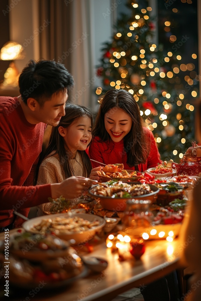 Family gathered around a table decorated with traditional Asian New Year foods, wearing red clothing,