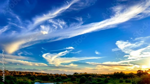 Serene Sunset River Landscape with Wispy Clouds - Peaceful Nature