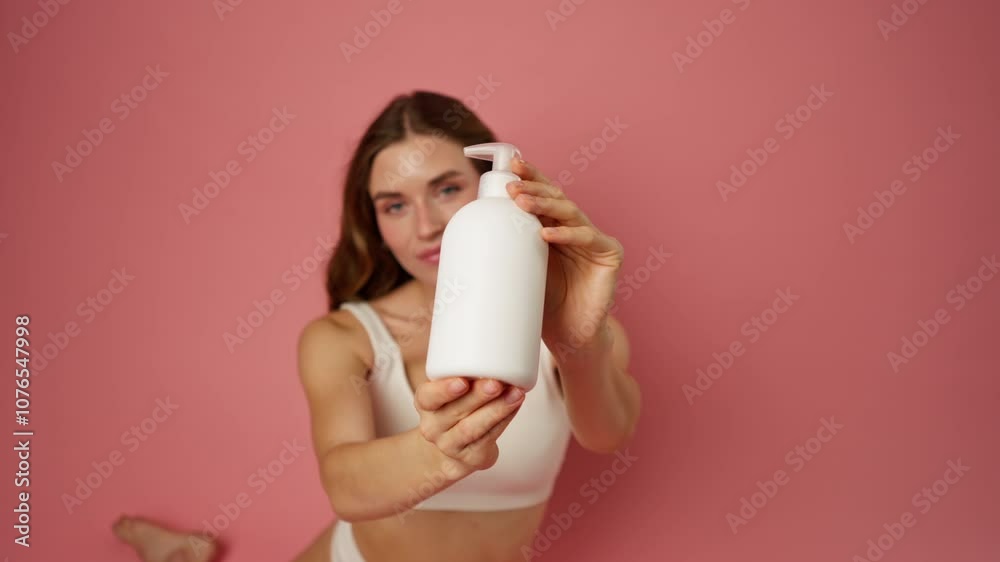 studio beauty shoot on pink background long-haired girl sitting posing in underwear with a lotion dispenser container natural beauty studio beauty shoot on pink background long-haired girl sitting posing in underwear with a lotion dispenser container natural beauty