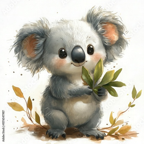 Cartoon koala, watercolor style, holding a leaf, white background