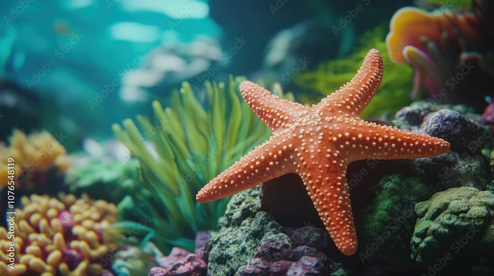 Vibrant Starfish in Underwater Coral Environment Vibrant Starfish in Underwater Coral Environment