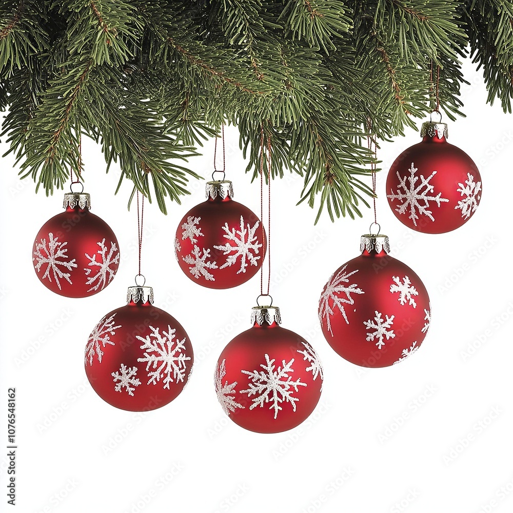 hotostock of red Christmas baubles with snowflakes, hanging from a pine branch hotostock of red Christmas baubles with snowflakes, hanging from a pine branch