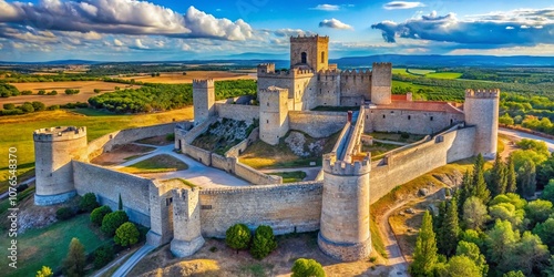 Stunning Portrait Photography of the Historic Stone Fort and Tower in Uruea, Valladolid, Showcasing Its Ancient Architecture Against a Clear Blue Sky photo