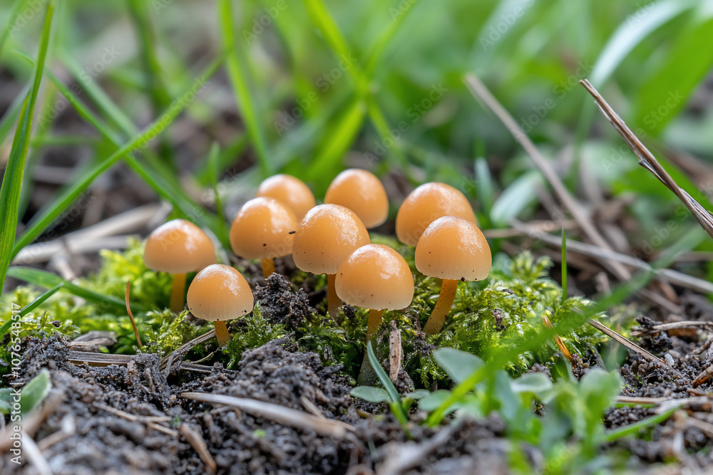 A cluster of small orange mushrooms growing on mossy ground. A cluster of small orange mushrooms growing on mossy ground.