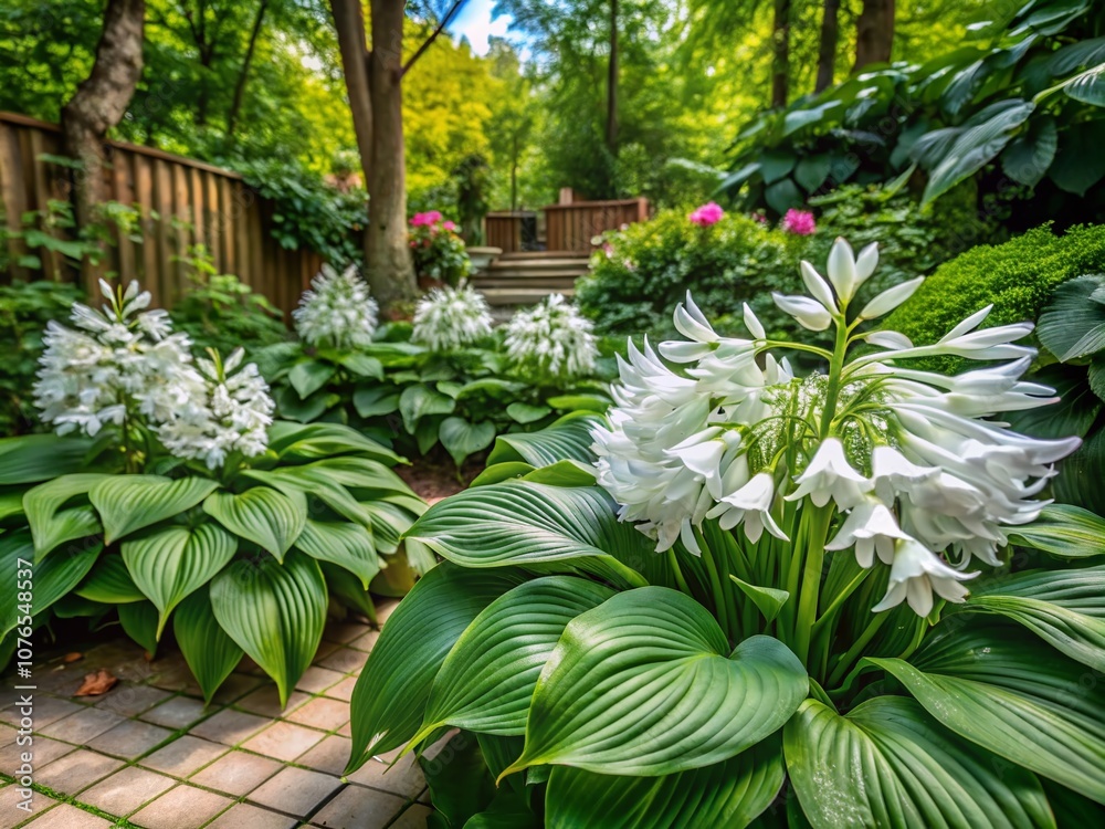 Stunning Product Photography of Hosta Plant with White Flowers Showcasing Nature's Beauty in a Serene Garden Setting for Botanical Enthusiasts and Home Decor Lovers