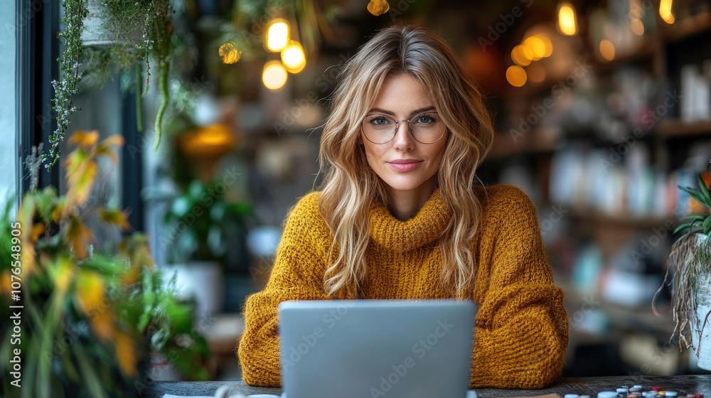 A young woman with glasses sits at a table in a warm, plant-filled café, focused on her laptop while enjoying the ambiance A young woman with glasses sits at a table in a warm, plant-filled café, focused on her laptop while enjoying the ambiance
