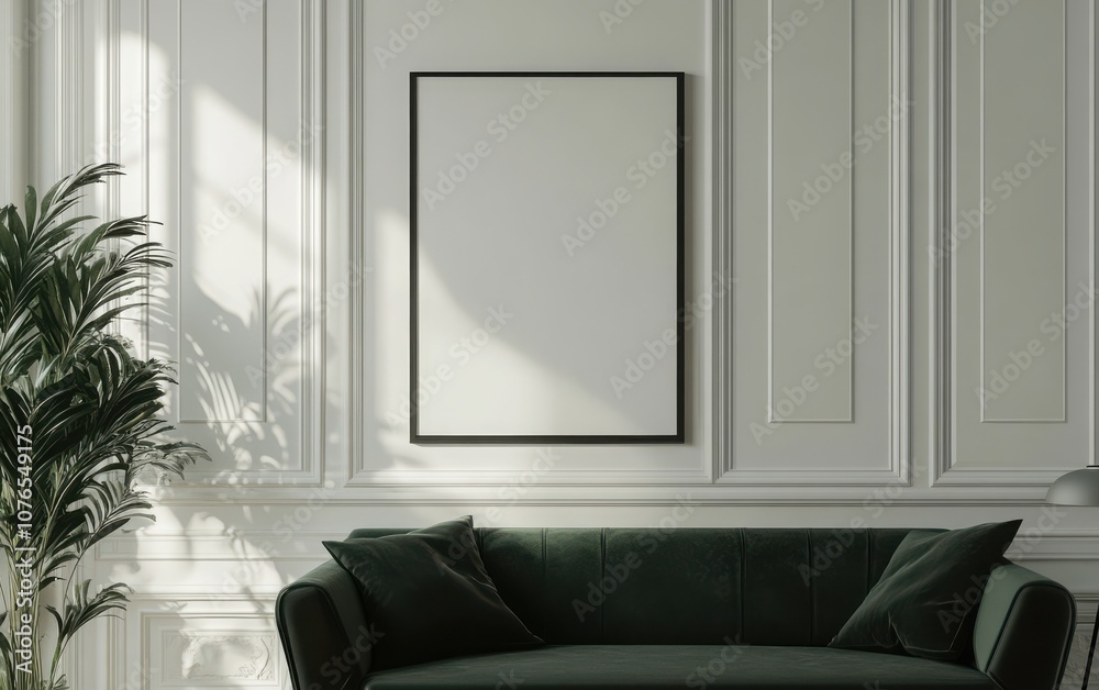 A 3D rendering of a modern living room interior with a white wall featuring a frame mockup. A 3D rendering of a modern living room interior with a white wall featuring a frame mockup.