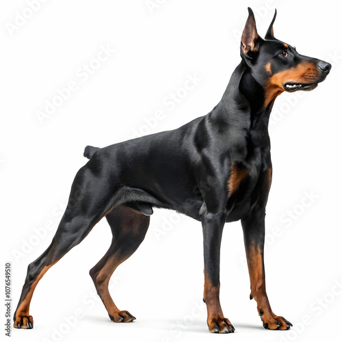 The Doberman Pinscher is a sleek, intelligent, and loyal guard dog known for its strength.