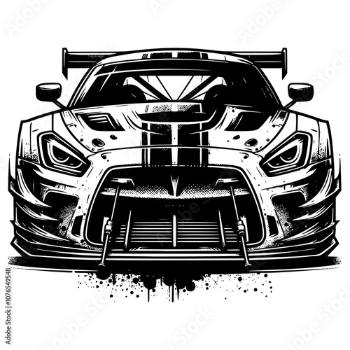 A front-facing logo of a racing car with a wide, aggressive grille and a sleek, aerodynamic hood design