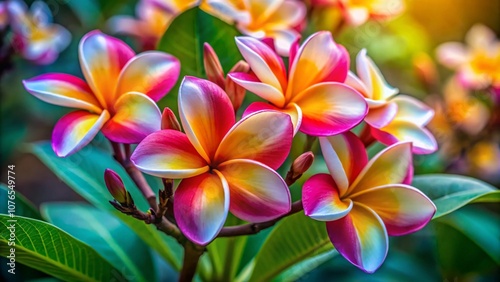 Stunning Tilt-Shift Photography of Frangipani (Plumeria) Flowers on a Soft Focus Background for Creative Designs and Floral Aesthetics