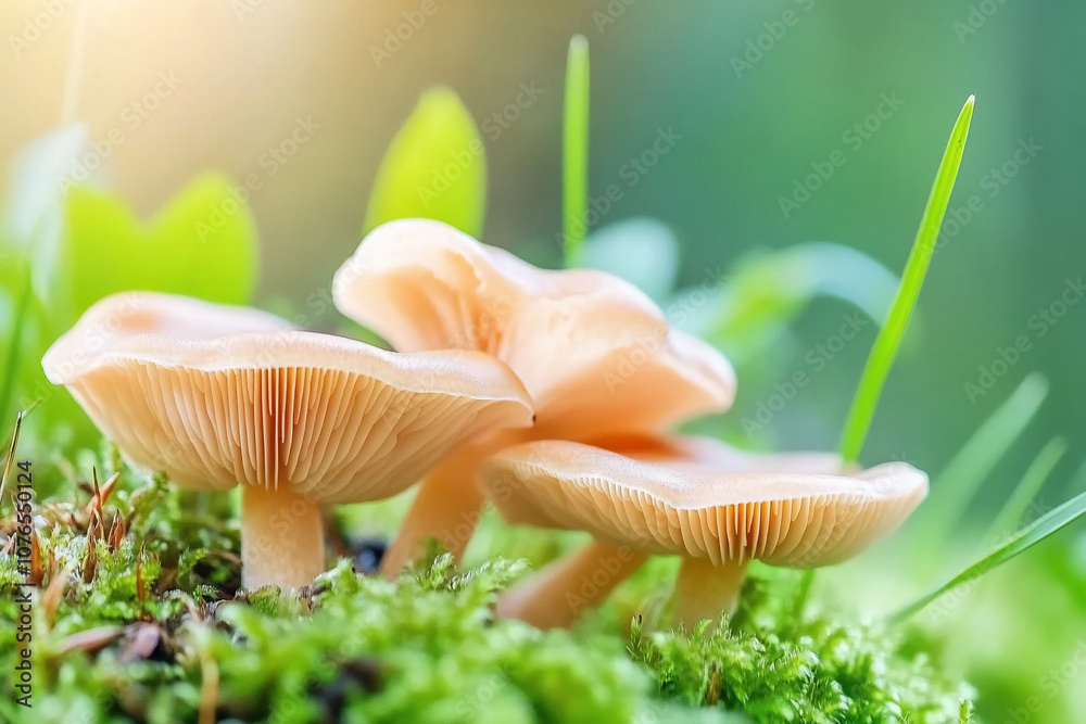 Three delicate mushrooms growing on moss in a serene forest setting.