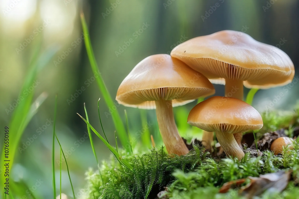 Three mushrooms growing on moss in a lush forest setting. Three mushrooms growing on moss in a lush forest setting.