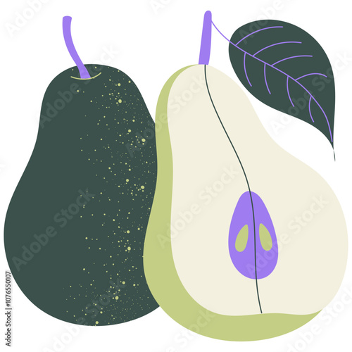 Hand drawn whole and cut pear. Ripe juicy pears. Vegetarian organic food. 